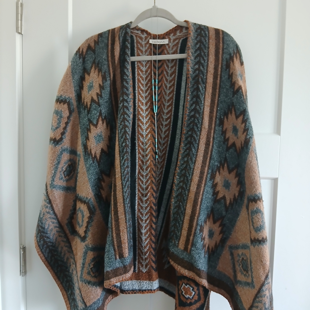 Quagga Southwestern Style Poncho - Teal and Tan